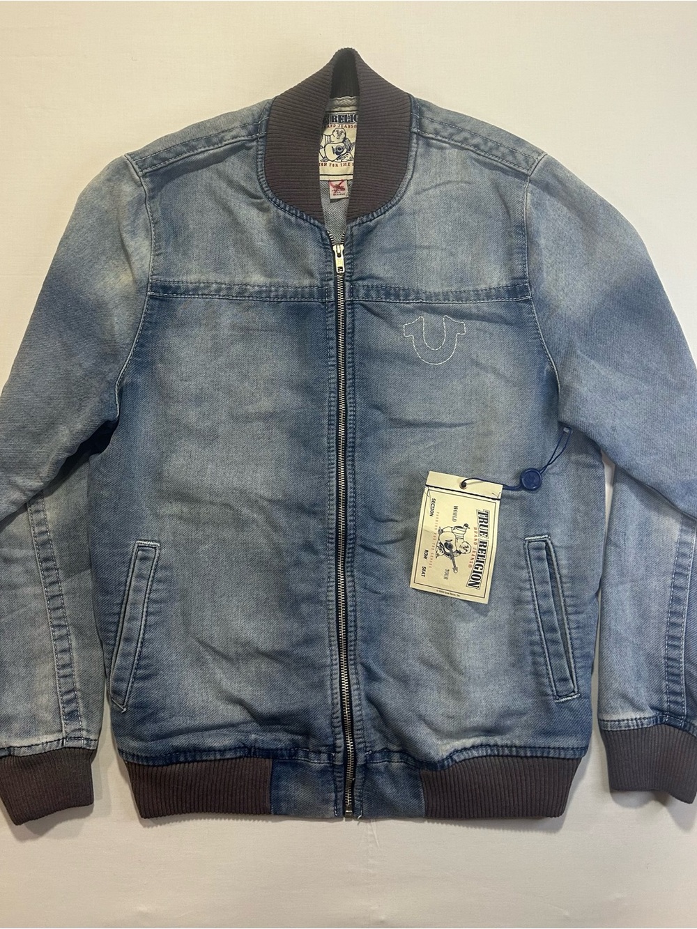 True Religion Men's Light Blue Denim Bomber Jacket with Dark Ribbing